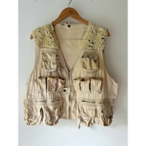 Vtg Thrashed Ike Walton Fishing Vest Sz L Rugged Distressed Sherpa Collar 80s